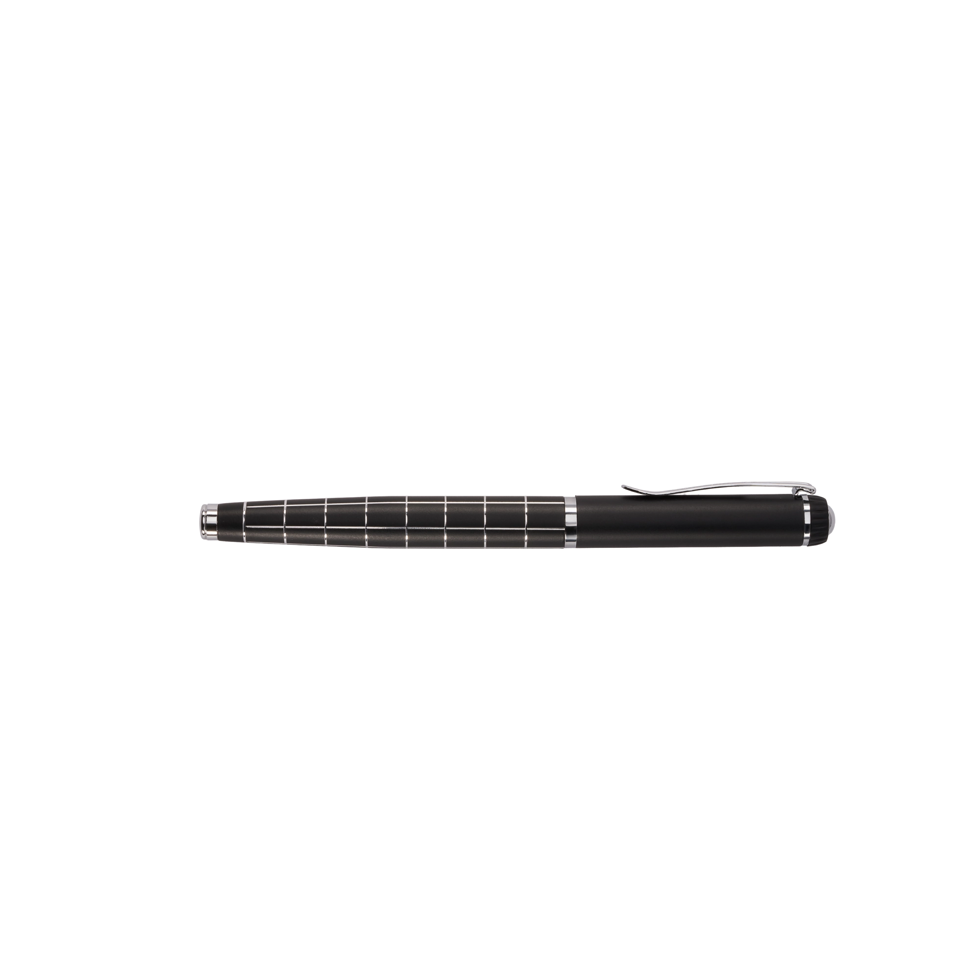 Black pen with silver accents on a white background