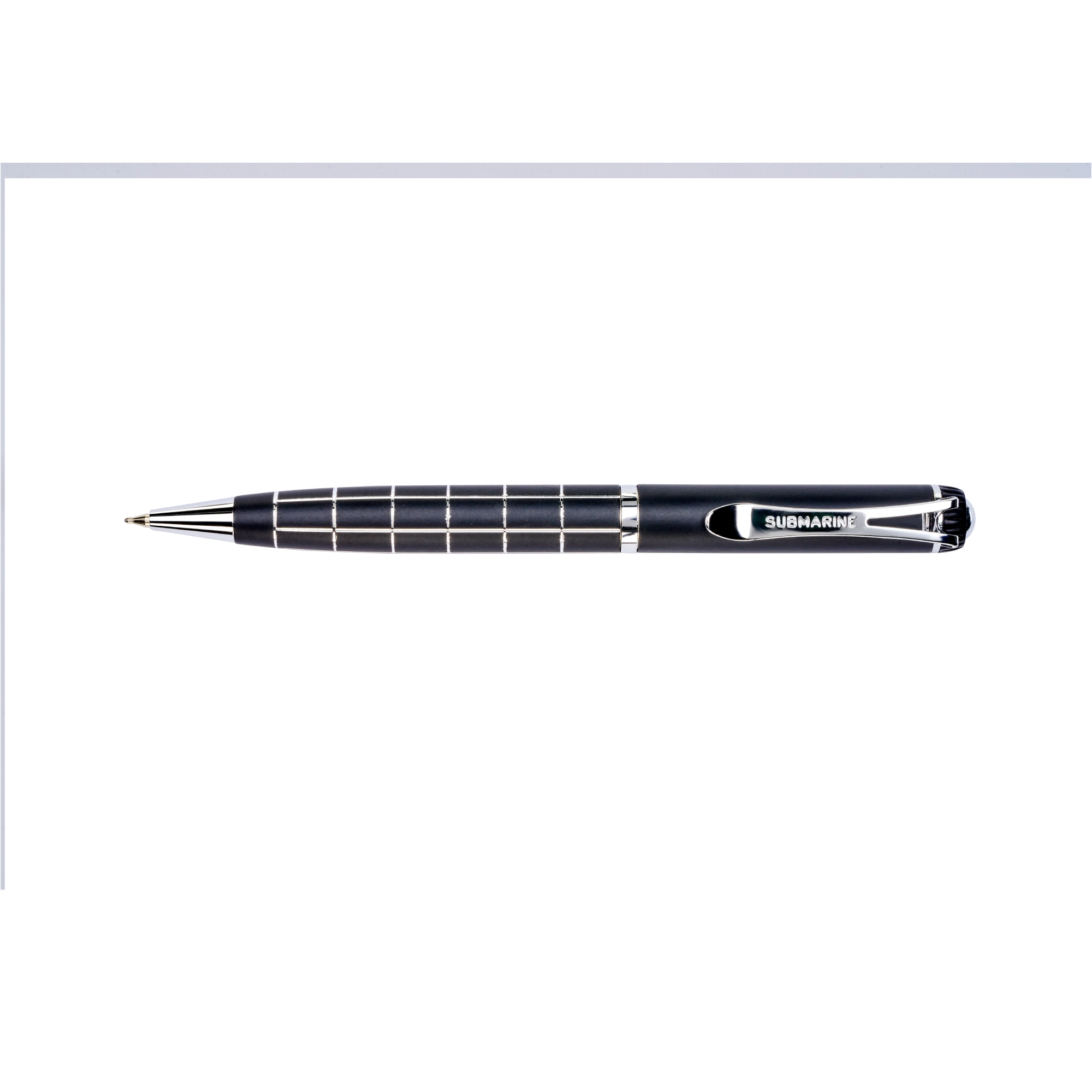 Black pen with silver accents on a white background