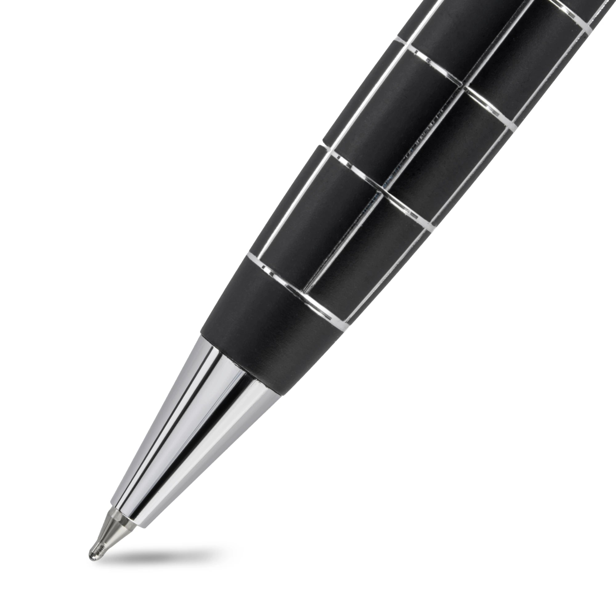 Close-up of a black pen with silver accents on a white background