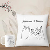 Personalized mug and cushion combo featuring pinky promise artwork and names Jugmohan & Vartika. Unique romantic gift for special occasions.