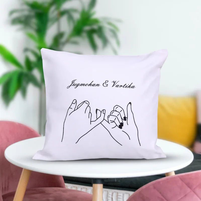 Custom canvas cushion with pinky promise illustration and names Jugmohan & Vartika. Perfect personalized Valentine’s or Promise Day gift.