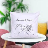 Custom canvas cushion with pinky promise illustration and names Jugmohan & Vartika. Perfect personalized Valentine’s or Promise Day gift.