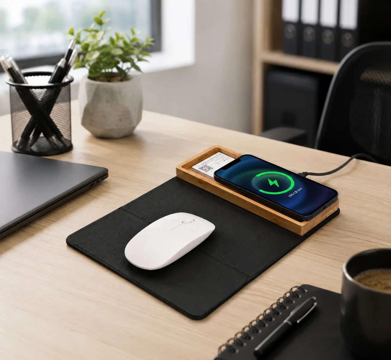 Bamboo Mat Multi-Utility Wireless Charger with Foldable Mouse Pad