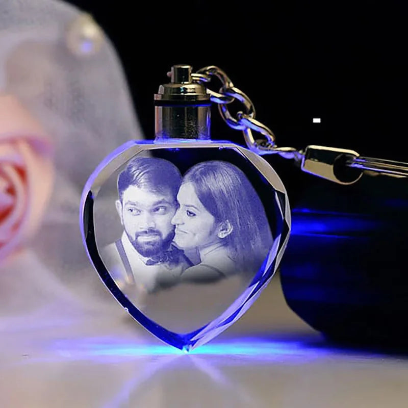 2D Heart Keychain - Heart-Shaped Keychain | Glass, 2D Photo featuring a couple's portrait with LED light, ideal for Valentine's Day gifts.