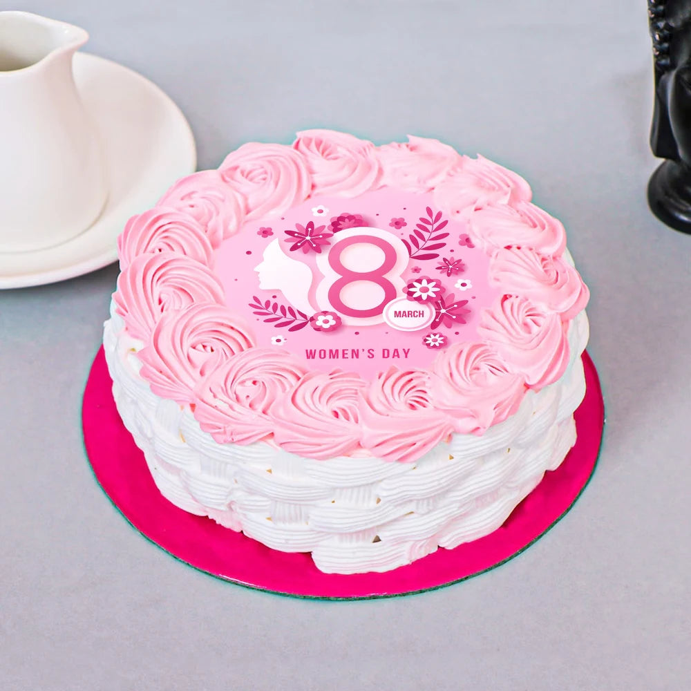 Top view of Pink Women's Day Rosette Cake with floral decoration