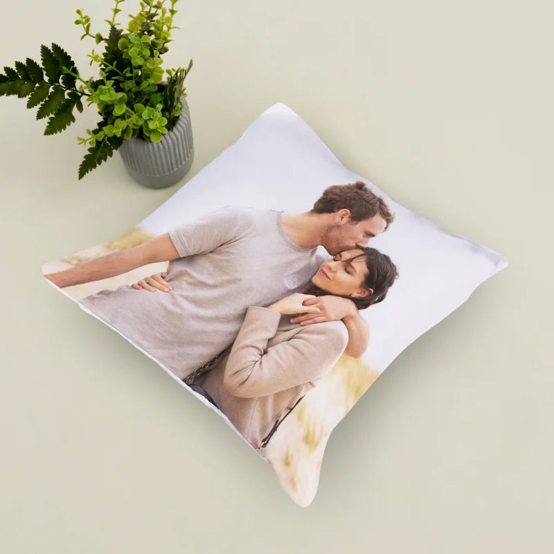 Custom printed 12x12 inch couple cushion displayed on a flat surface, ideal for romantic personalized gift occasions.