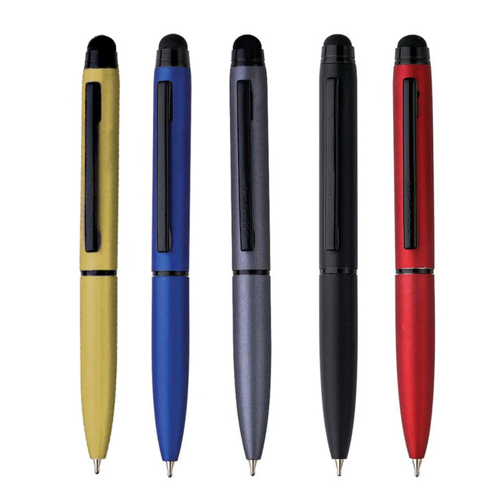 Five stylus pens in different colors on a white background