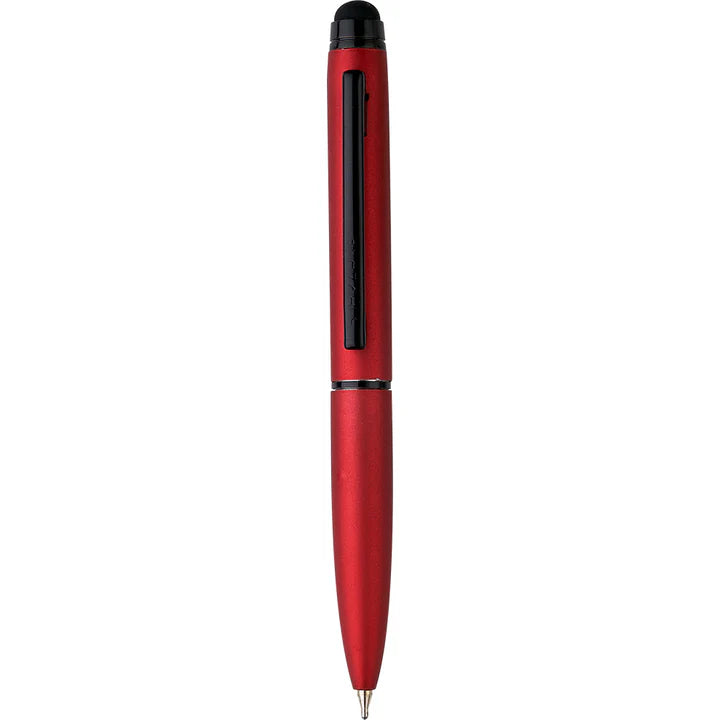 Red pen with black accents on a white background