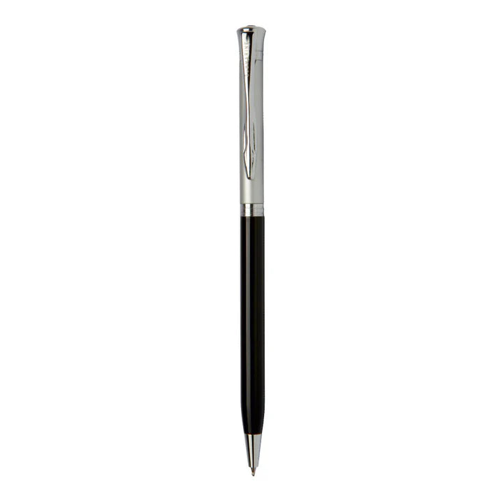 Black pen with silver accents on a white background