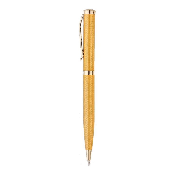 Gold pen with a textured finish on a white background