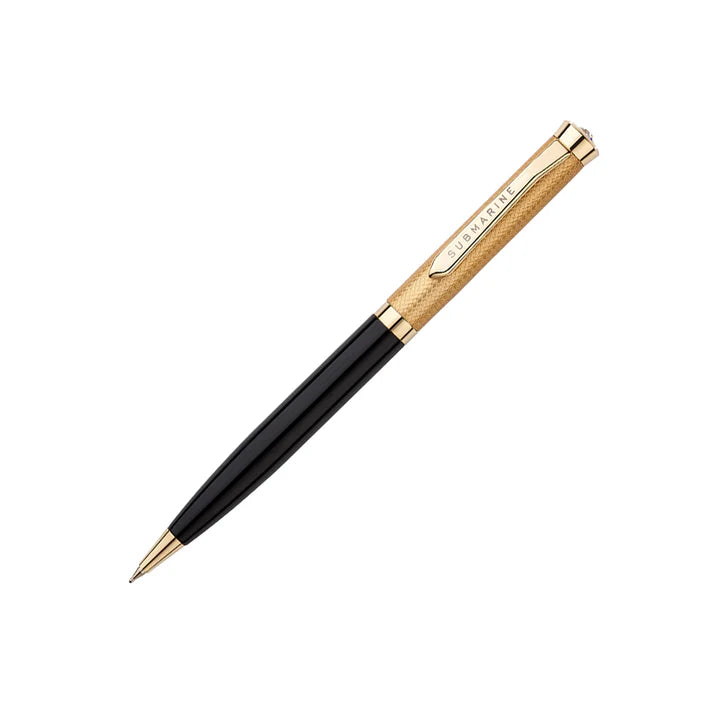 Pen with gold and black design on a white background