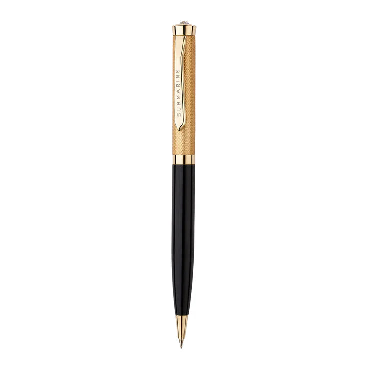 Pen with gold and black design on a white background