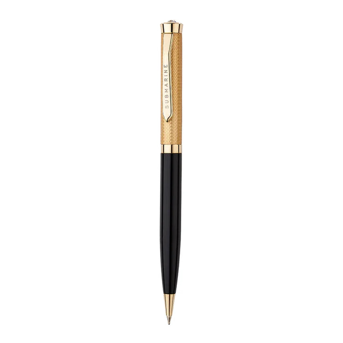 Pen with gold and black design on a white background