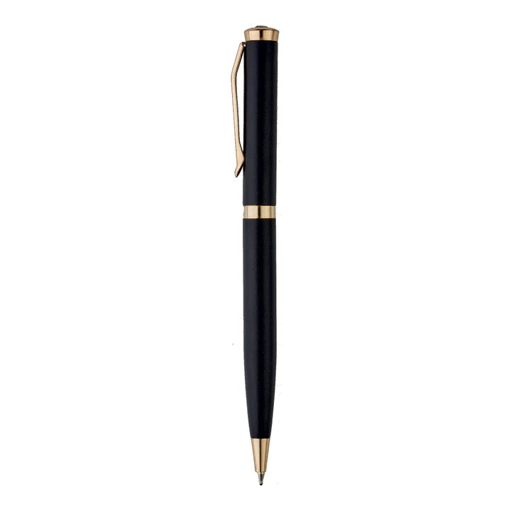 Blue pen with silver accents on a white background