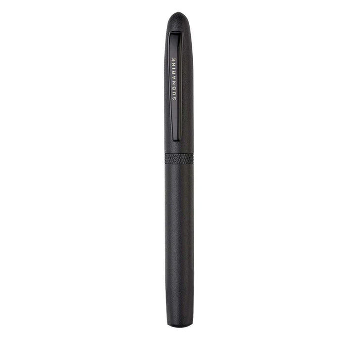 Black pen with visible brand name on a white background
