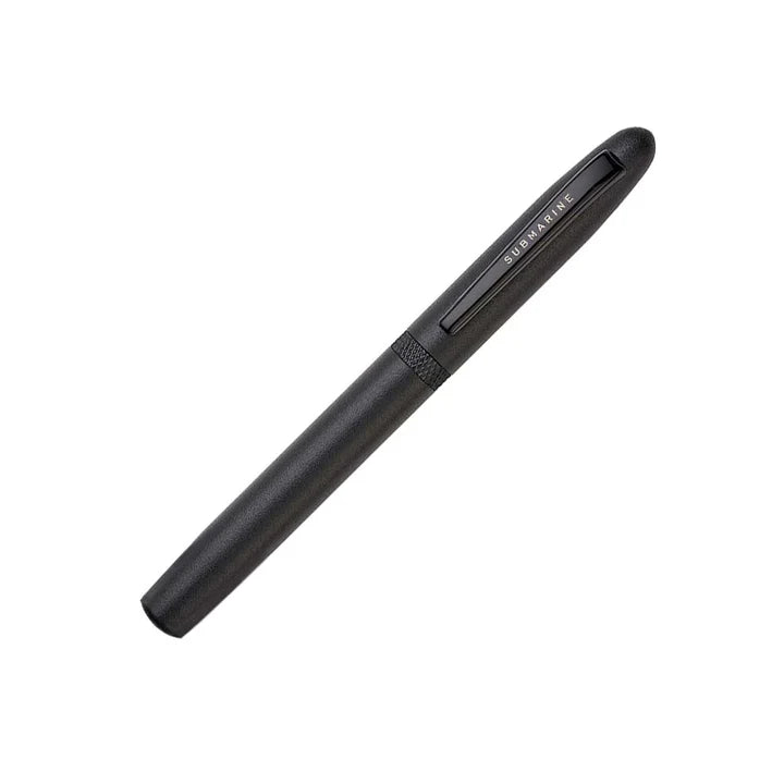 Black pen with visible brand name on a white background