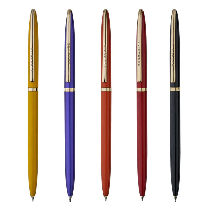 Five different colored pens with gold accents on a white background