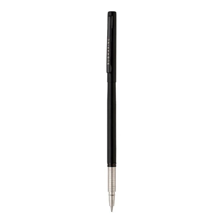 Black pen with silver clip on a white background