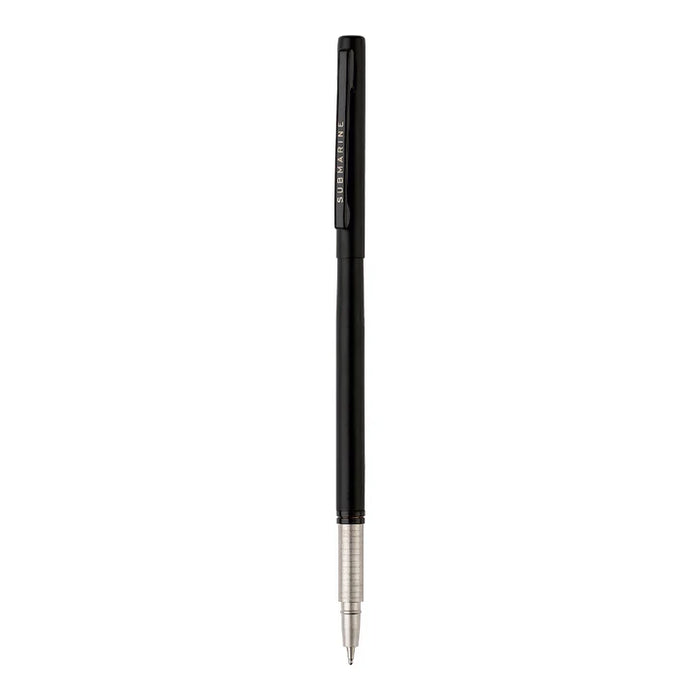Black pen with silver clip on a white background