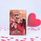 Custom photo card with couple and 'You & Me Forever & Always' text, included in personalized teddy gift set for romantic occasions.