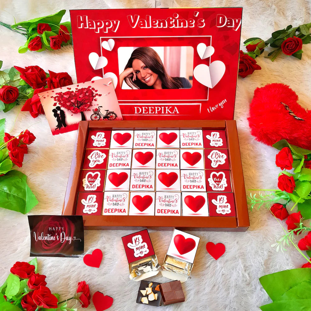 Personalized Valentines Day Chocolate Box featuring 24 assorted chocolates with custom name and photo, ideal romantic gift with love-themed packaging.