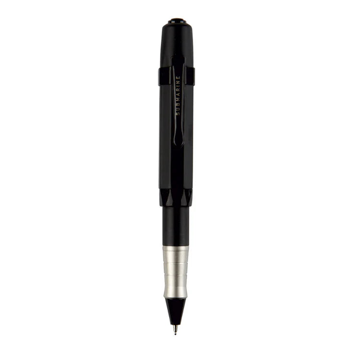 Black and silver pen on a white background