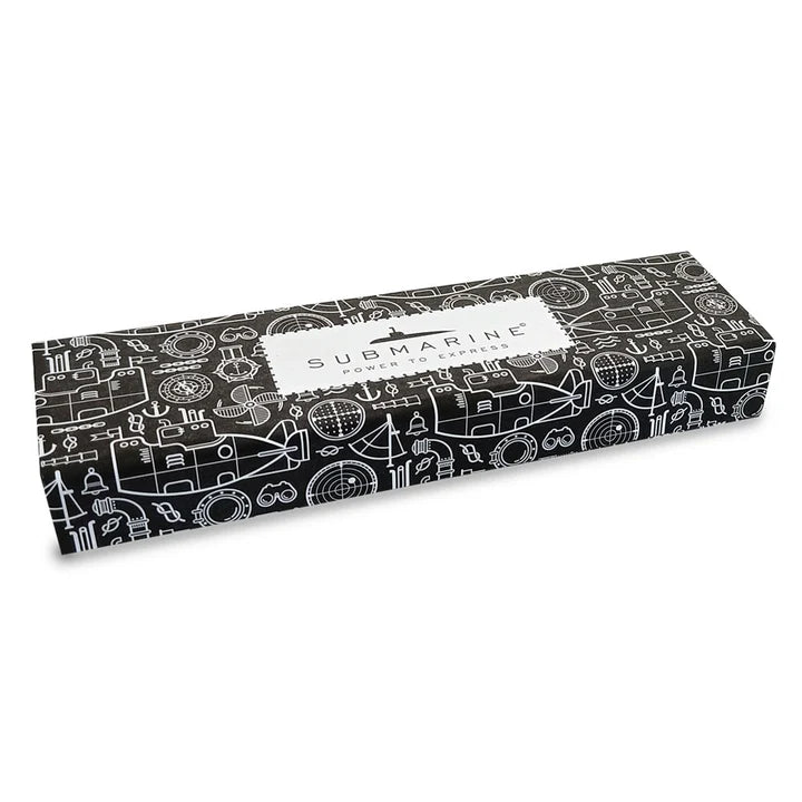 Black box with white submarine-themed illustrations on a white background