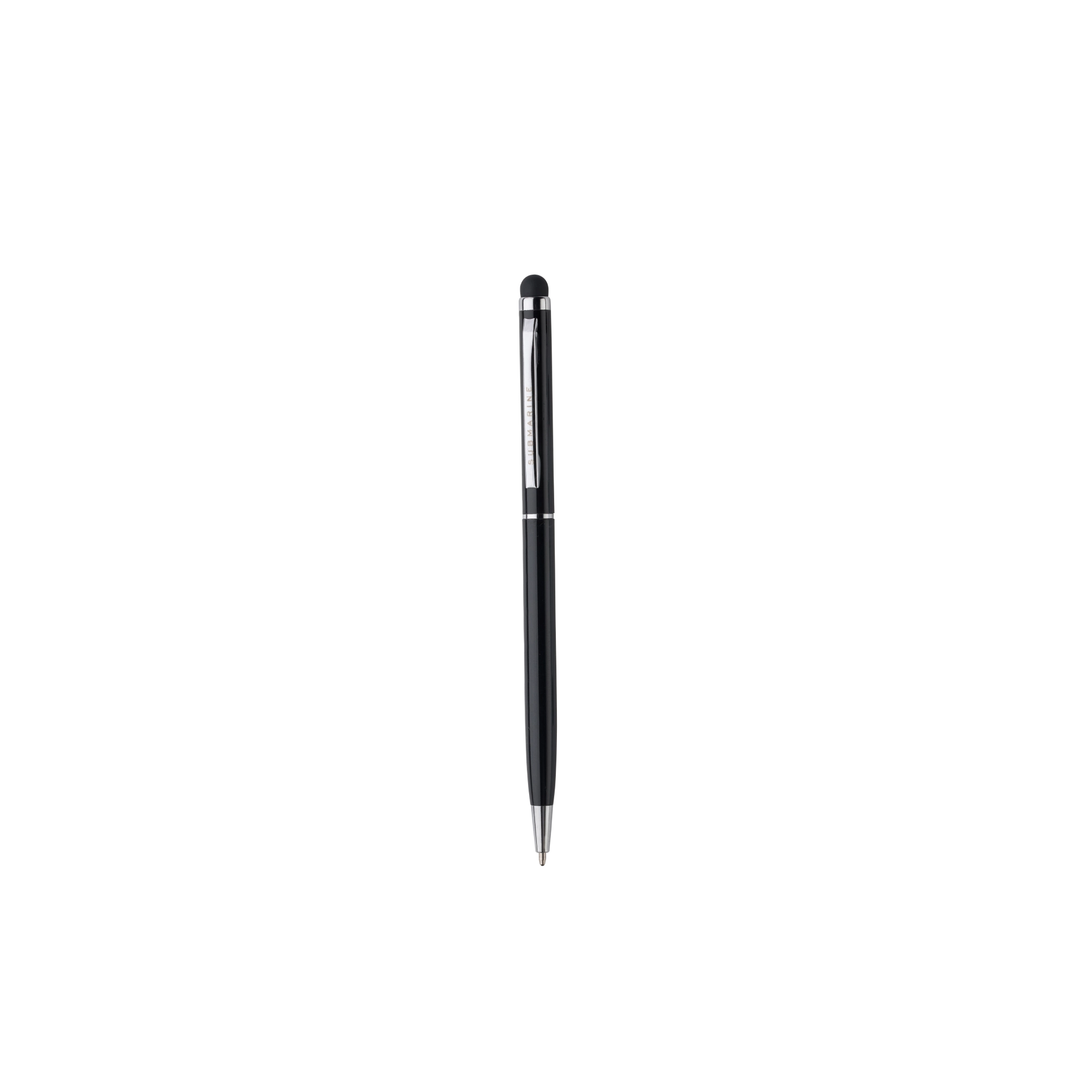 Black pen with silver accents on a white background