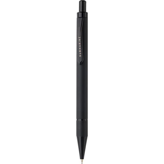 Black pen with a visible brand logo on a white background