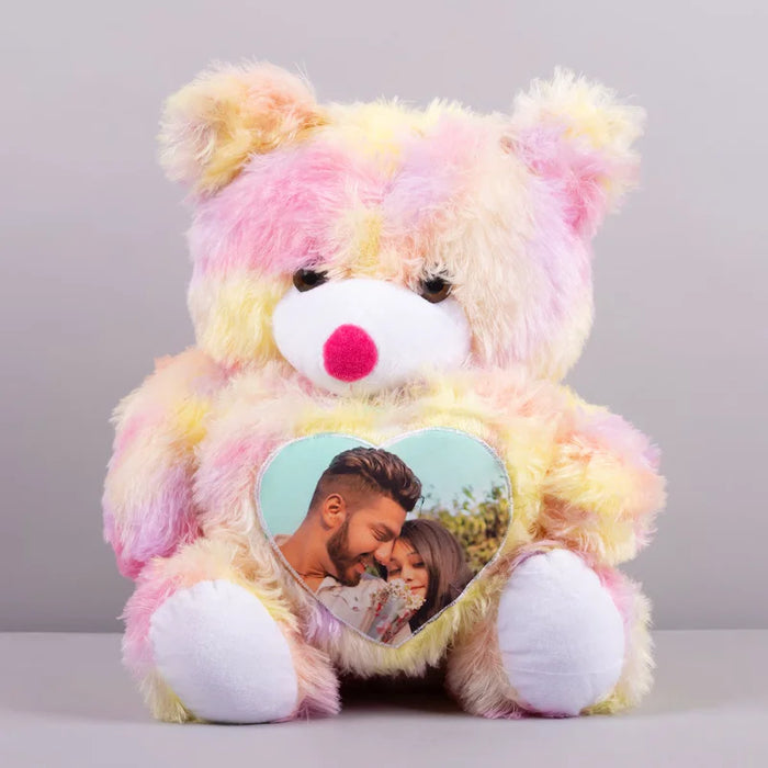 Embrace The Love Personalized Photo Teddy Bear in 1-foot size with pastel fur and custom heart-shaped photo, ideal for Valentine's Day gifting.