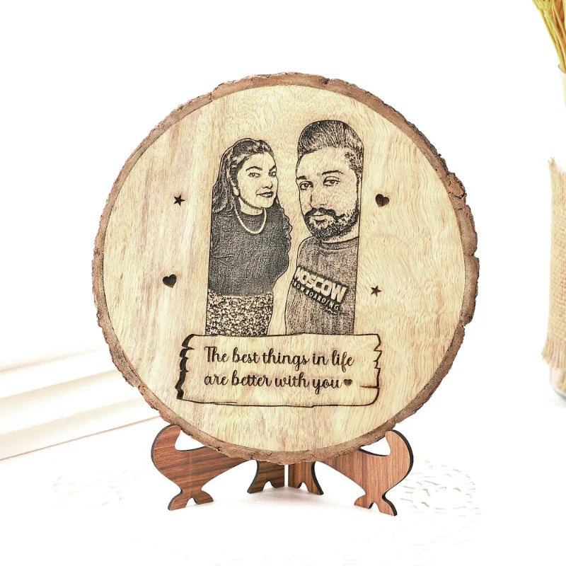 Custom image and text on a round wooden plank with stand, perfect personalized gift for Hug Day, Promise Day, or Valentine's Day.