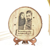 Custom image and text on a round wooden plank with stand, perfect personalized gift for Hug Day, Promise Day, or Valentine's Day.