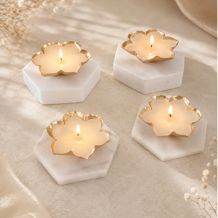 Lotus Metal T-Light Holders With T-Lights (Set of 4)