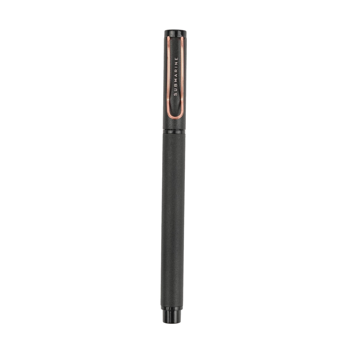 Black pen with rose gold accents on a white background