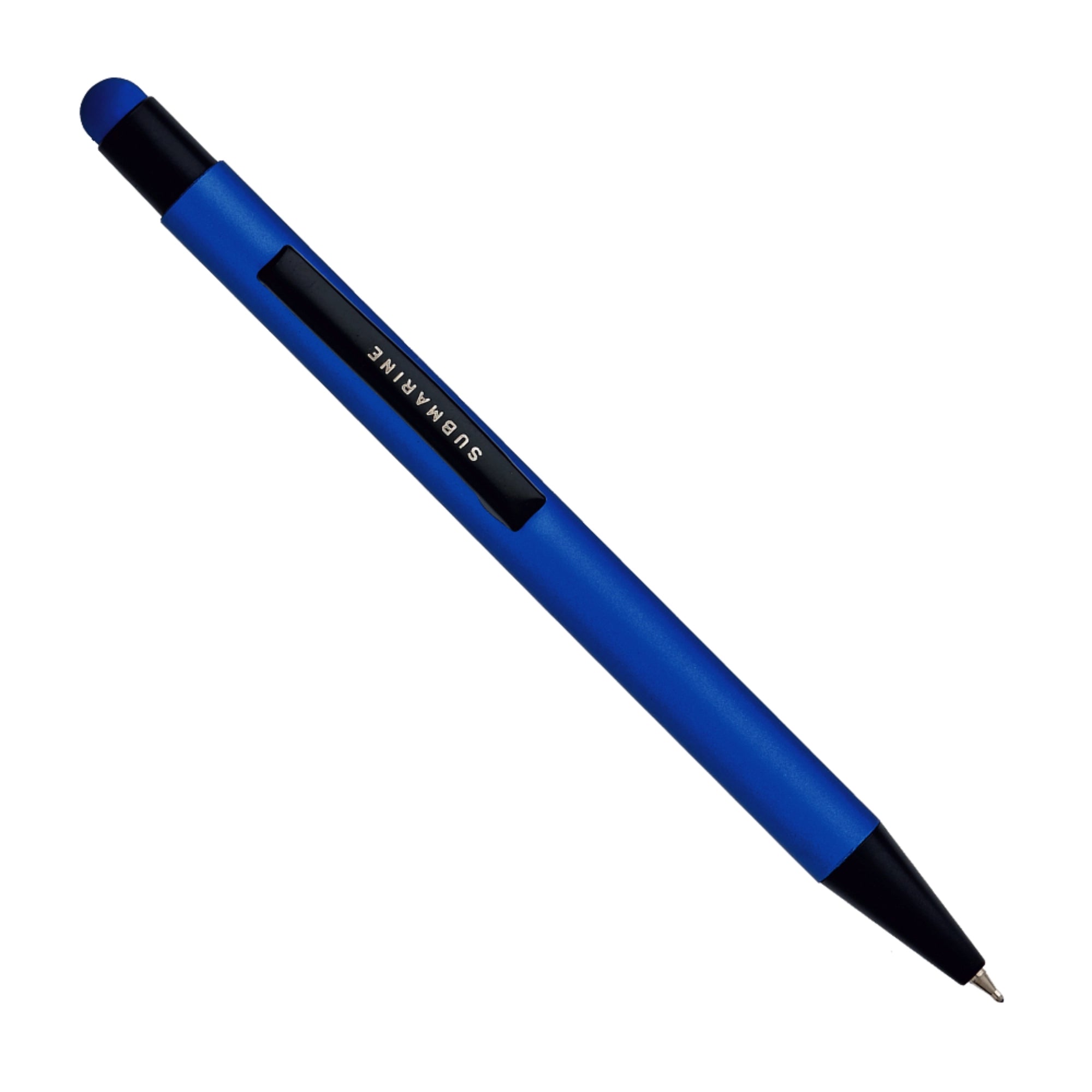 Blue pen with black accents on a white background