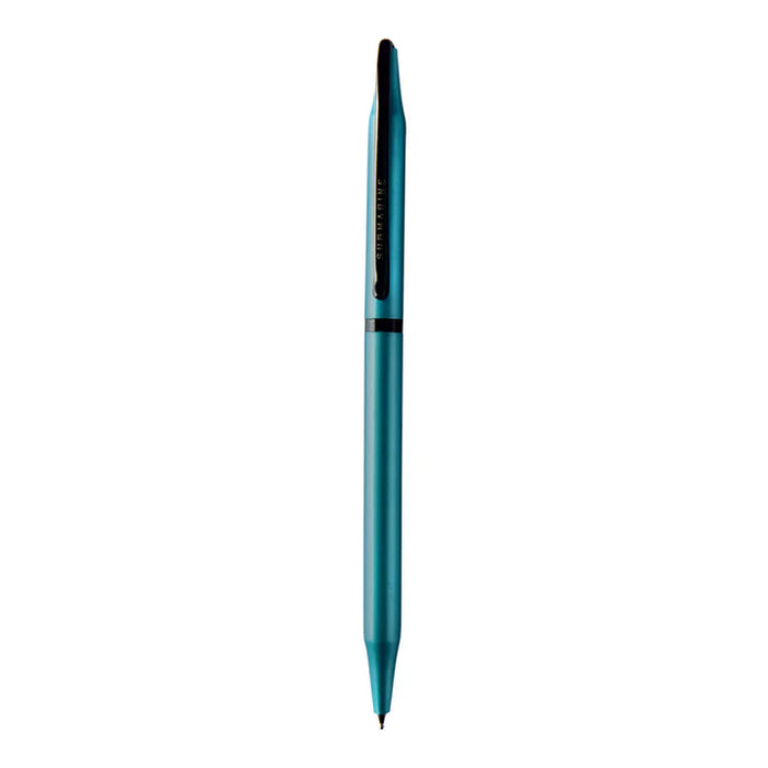 Teal pen with black accents on a white background