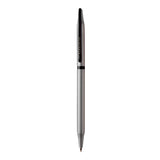 Silver pen with black accents on a white background