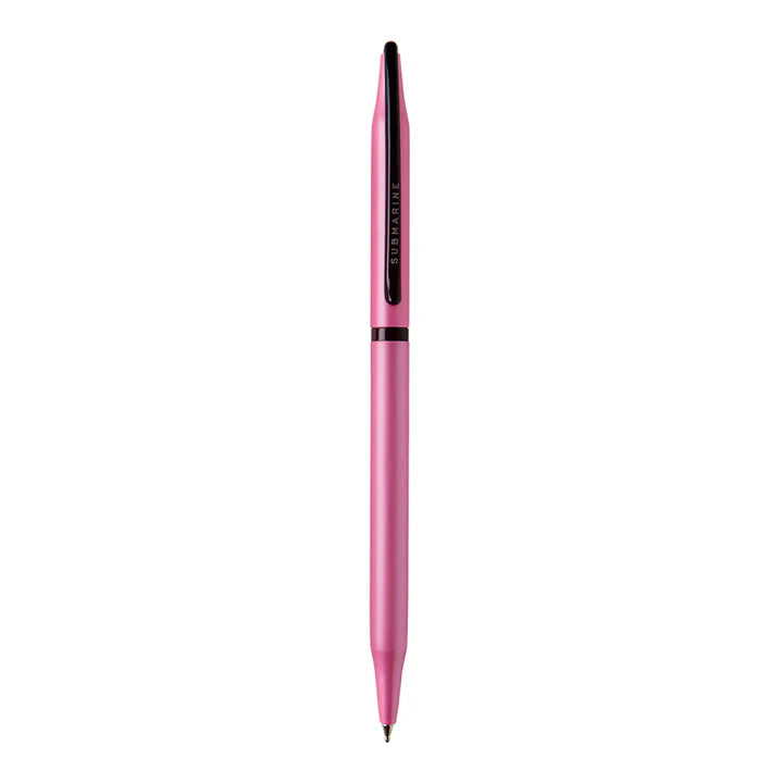 Pink pen with a black clip on a white background