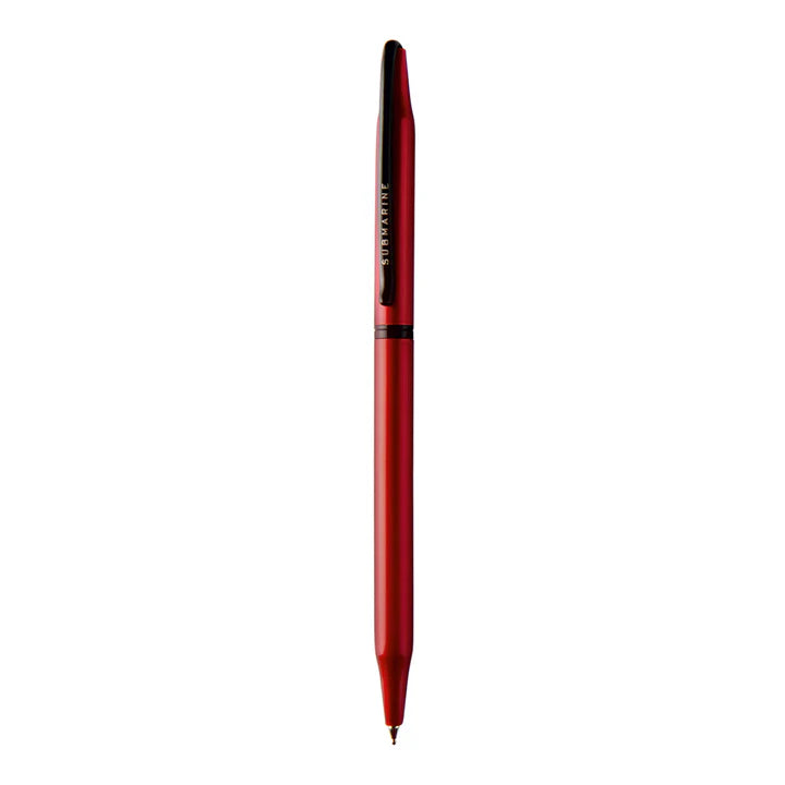 Red pen with black accents on a white background