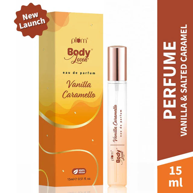 Plum Vanilla & Caramello Eau De Parfum 15ml spray bottle with packaging, featuring vanilla and salted caramel notes in a new launch gift set.