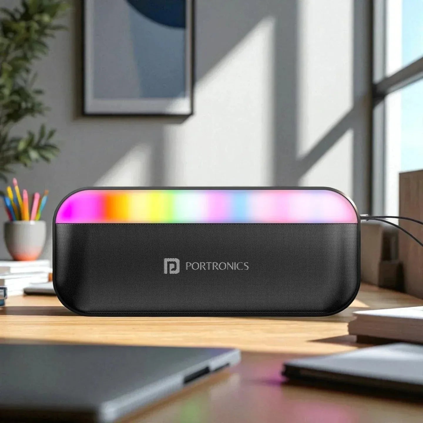 Black portable speaker with colorful LED lights on a desk, featuring the Portronics brand.