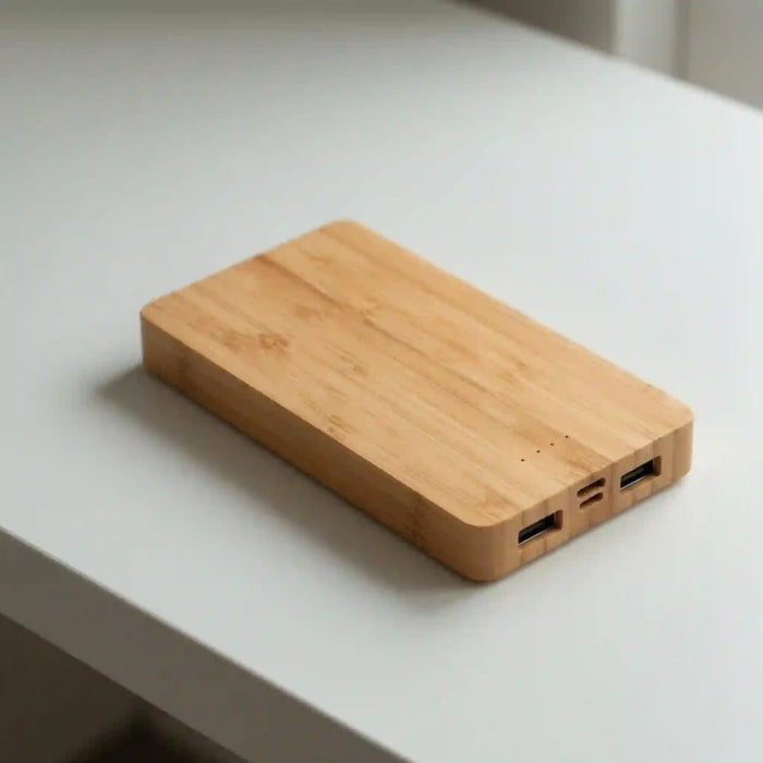 white table background upper shot Aspen 10000 mAh powerbank reliable high capacity custom portable charger and custom tech gifts
