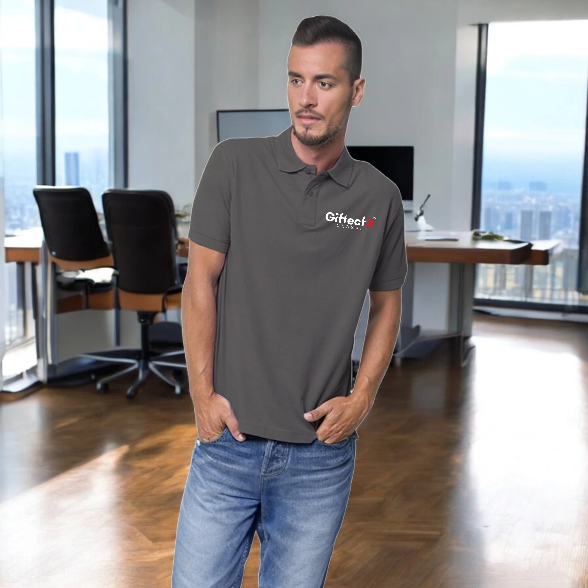 Core Style Polo T-shirt with Embroidered Logo Charcoal Grey