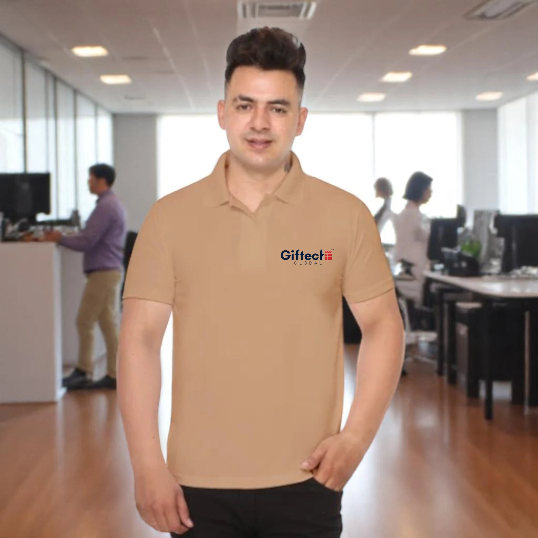 Performance Polo T-shirt with Embroidered Logo Beige