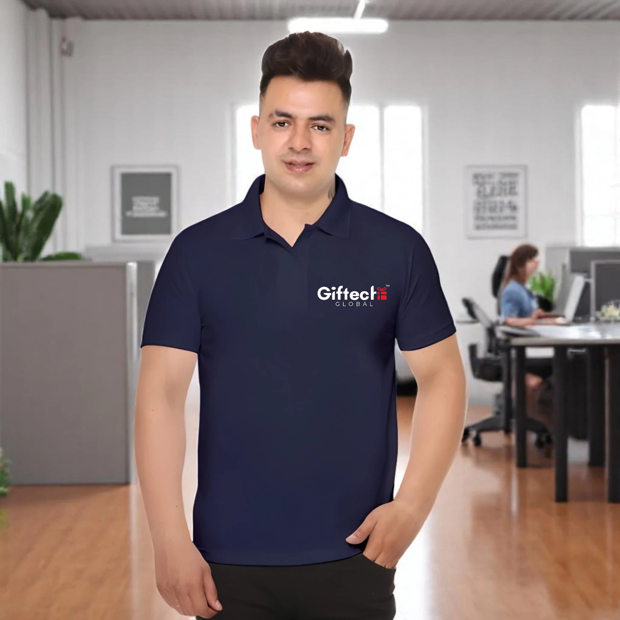 Performance Polo T-shirt with Embroidered Logo Navy Blue