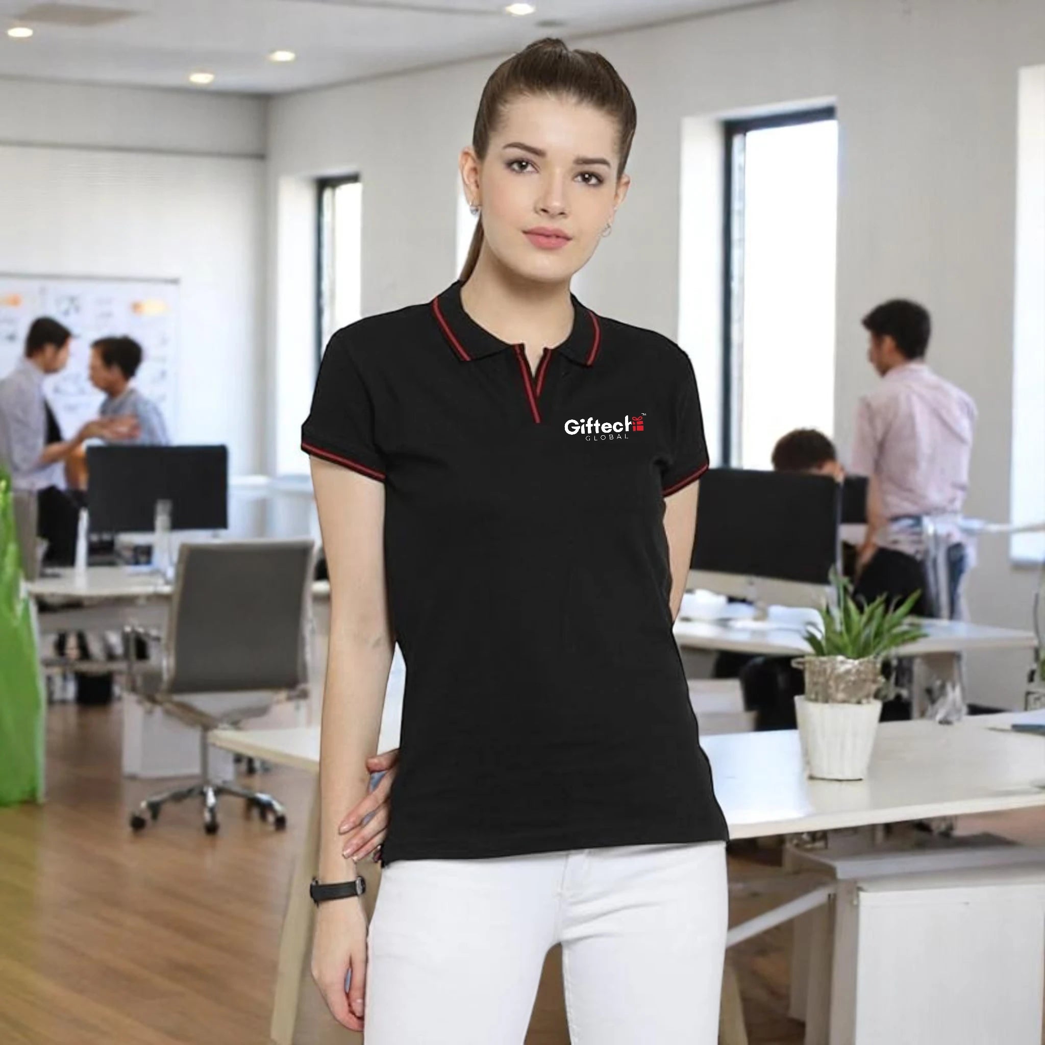 Women's Tipped Elegance Polo T-shirt with Embroidered Logo Black with Red