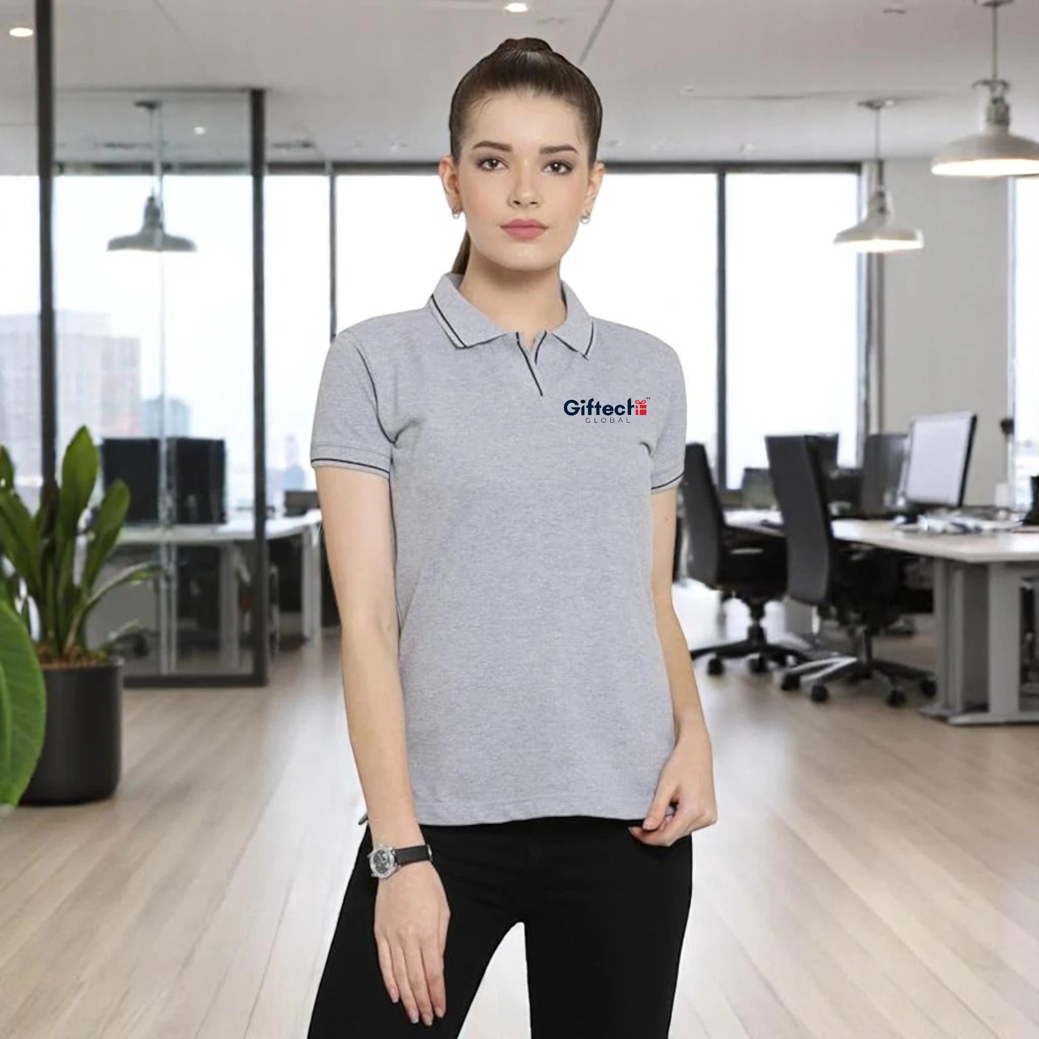Women's Tipped Elegance Polo T-shirt with Embroidered Logo Grey Melange with Black