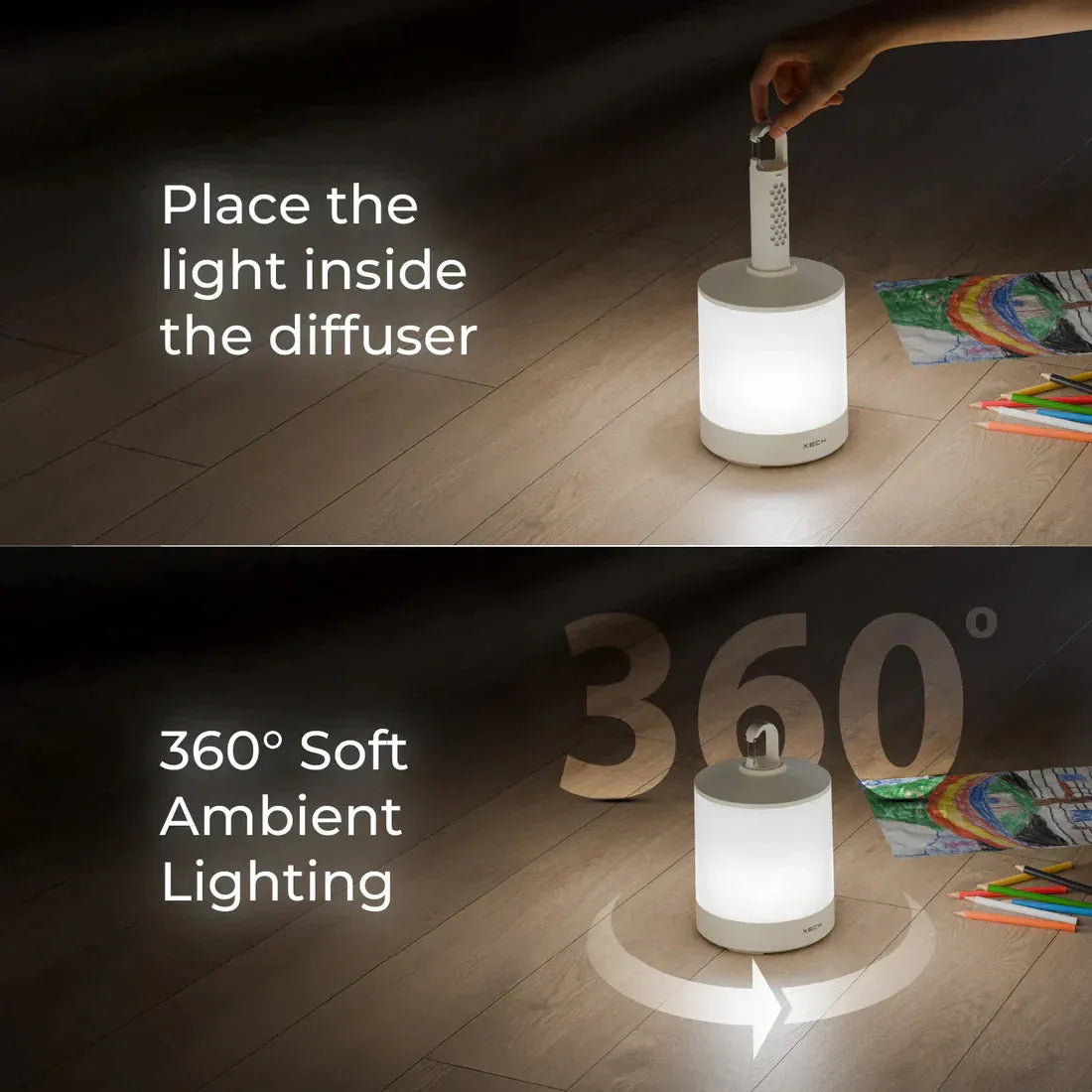 Light diffuser with 360-degree soft ambient lighting on a wooden floor.
