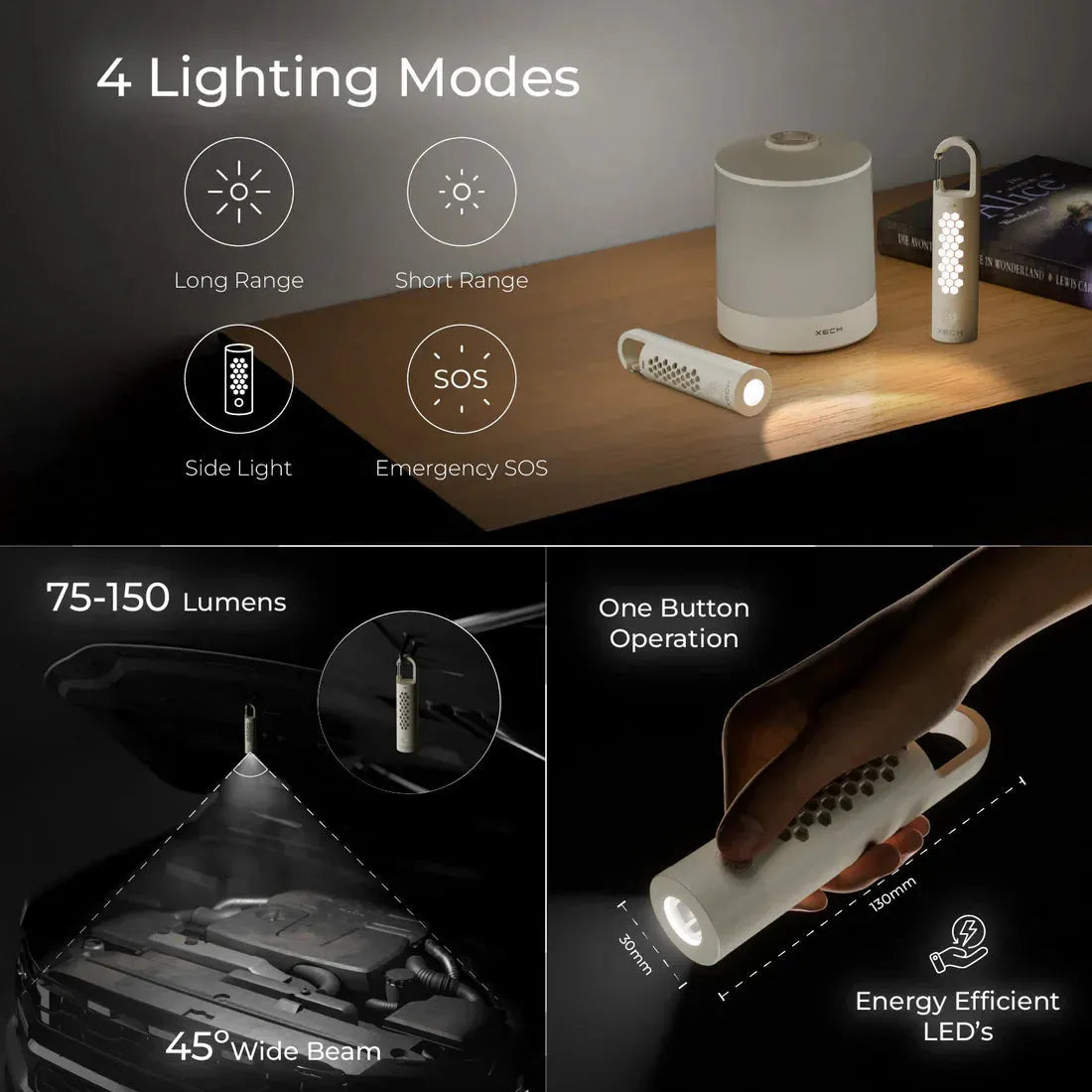 Lighting device with various features highlighted on a dark background
