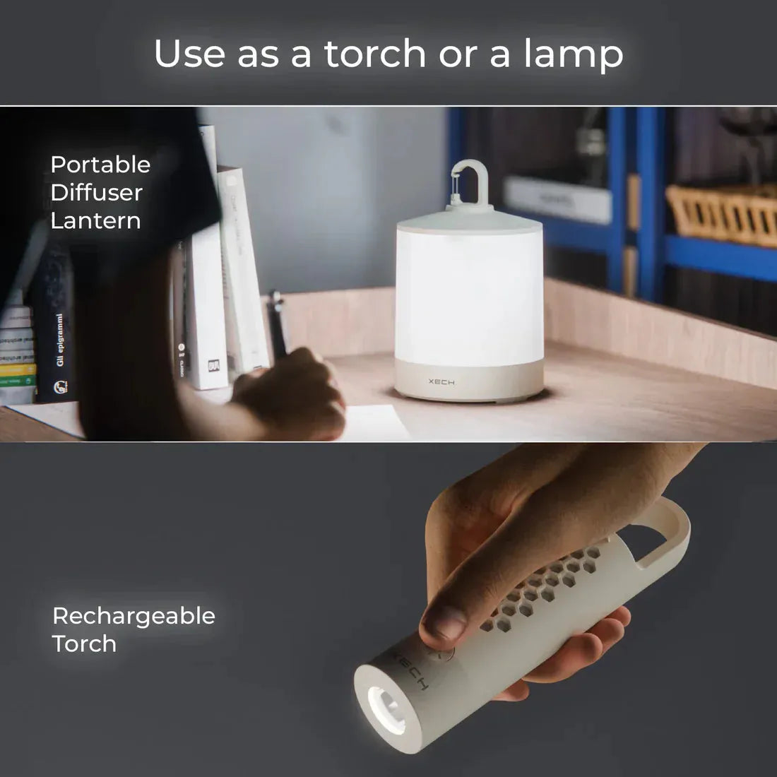 Portable diffuser lantern used as a torch or lamp with text indicating dual functionality.
